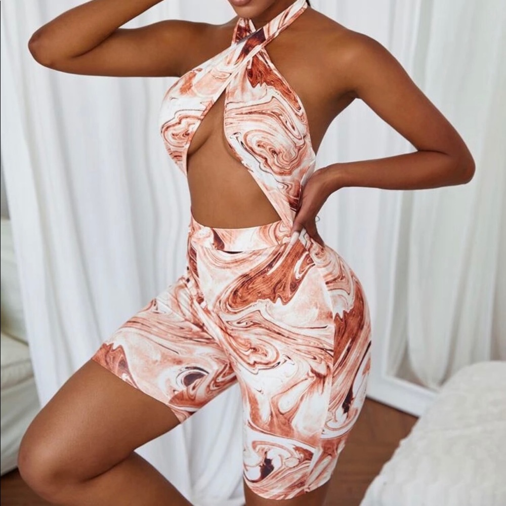 New Cut Out Backless Romper Marble Print